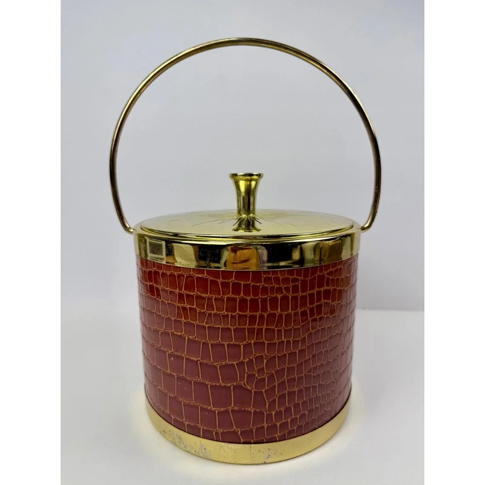 Vintage MCM Ice Bucket Faux Alligator Gold Sunburst Lid with Brass Tongs Japan